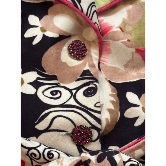 3 Sisters Trench Coat Floral Velvet Colorful Rhinestone Buttons Belted Small - Picture 7 of 9